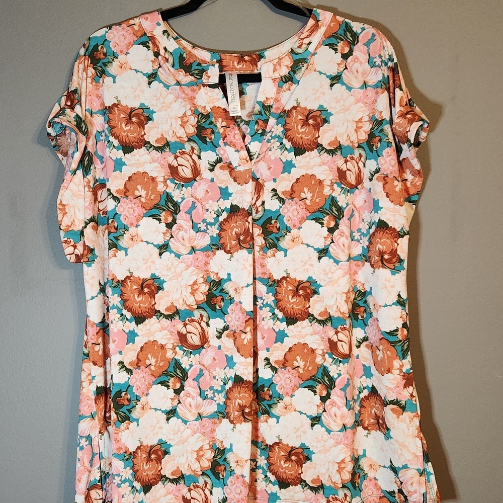 Floral Print Blouse in Pink, Brown, and Green
